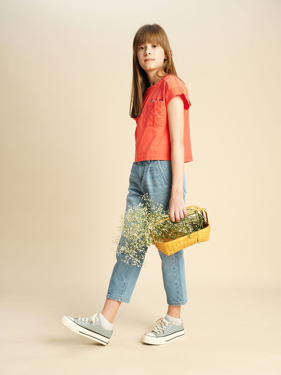 Girls Orange Embroidered Pocket T-Shirt