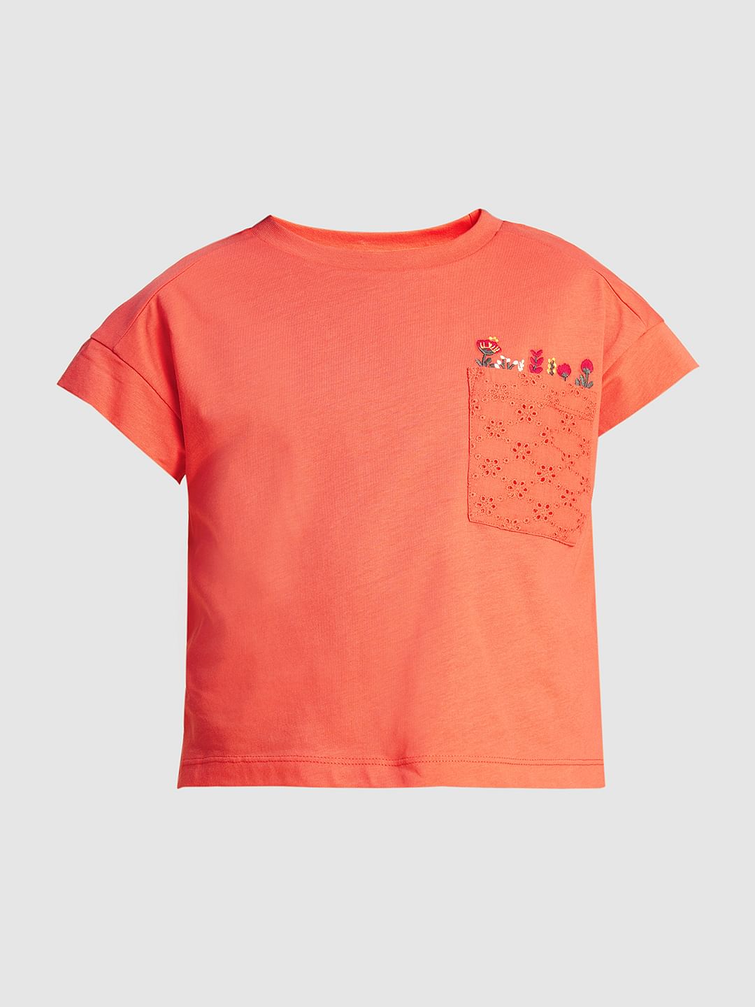 Girls Orange Embroidered Pocket T-Shirt