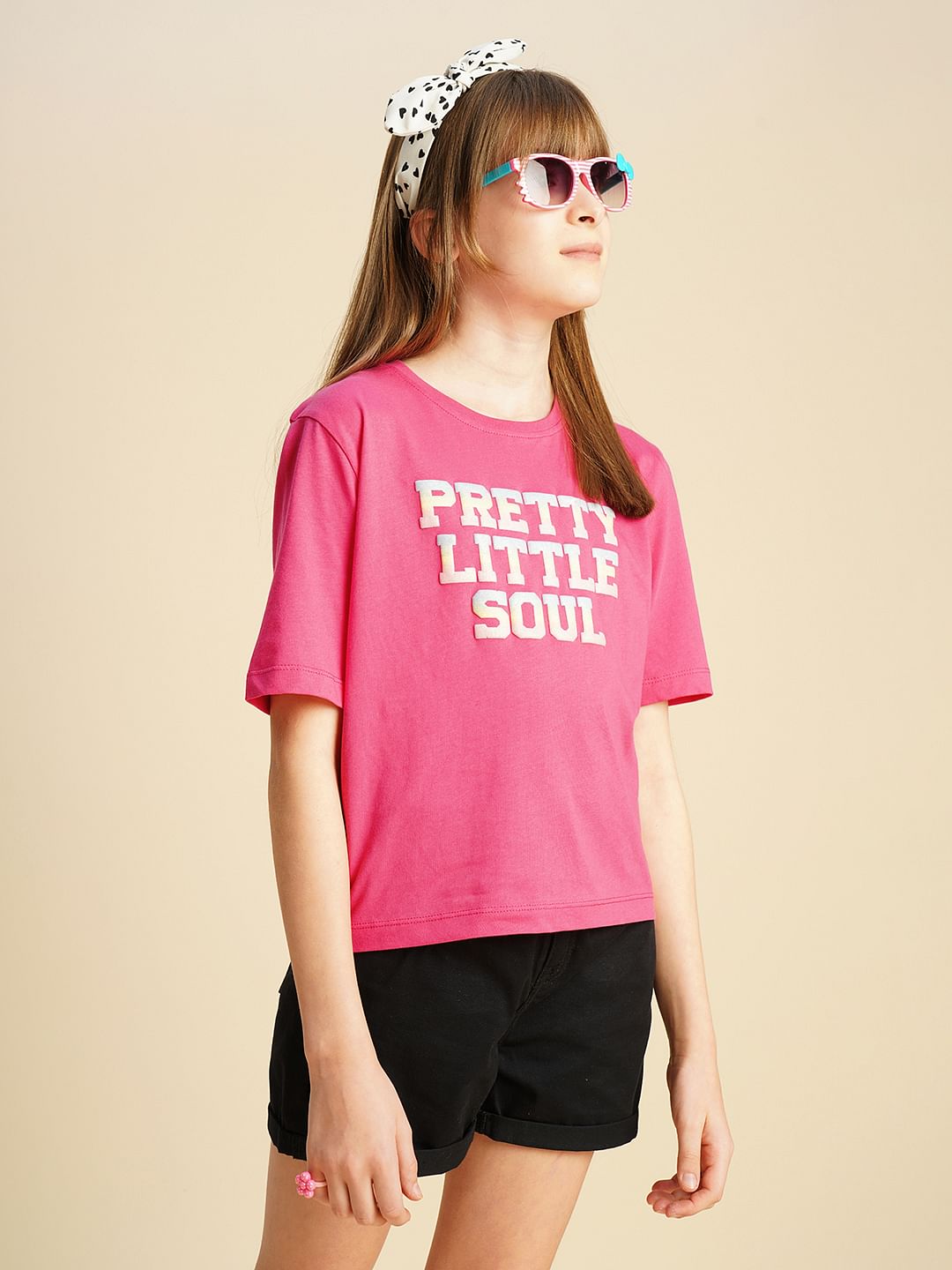 Girls Pink Text Print Cotton T-Shirt