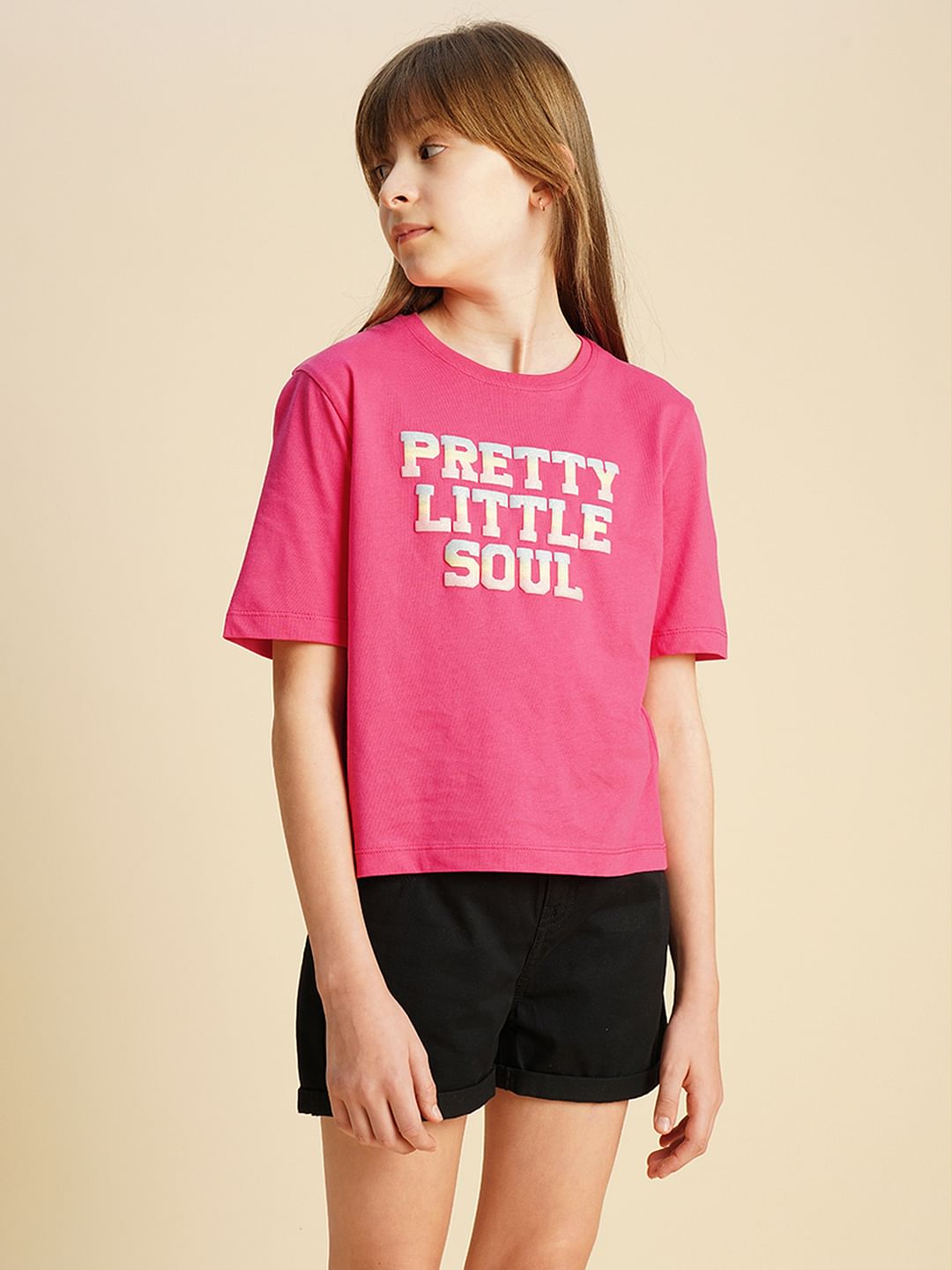 Girls Pink Text Print Cotton T-Shirt