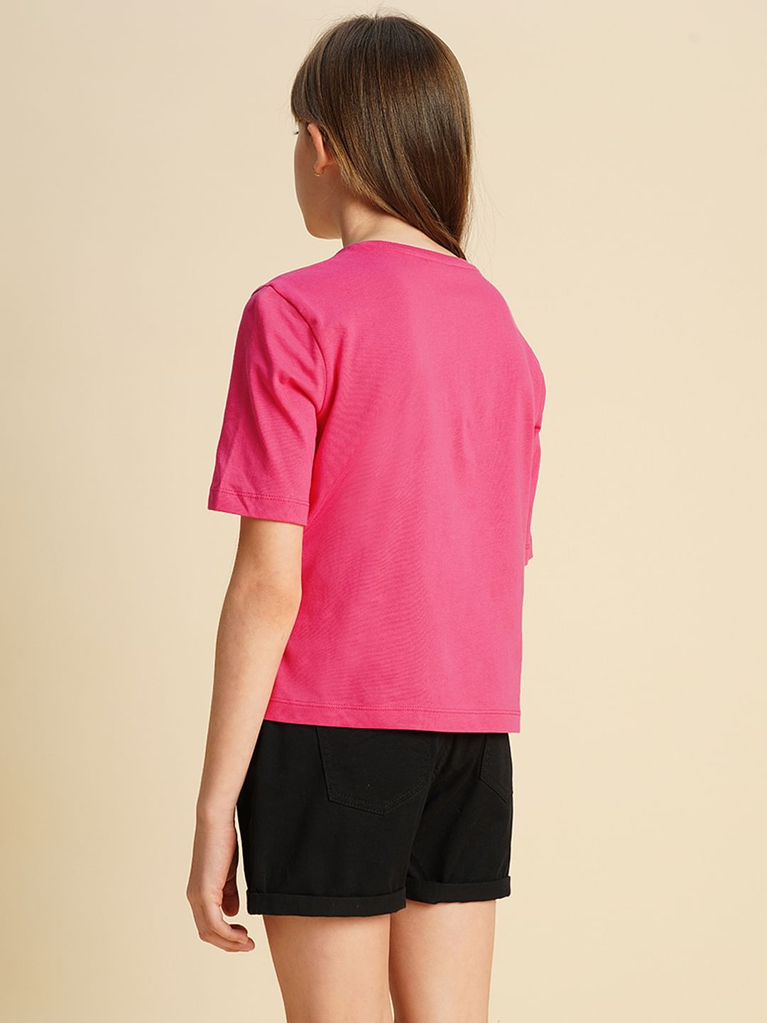 Girls Pink Text Print Cotton T-Shirt