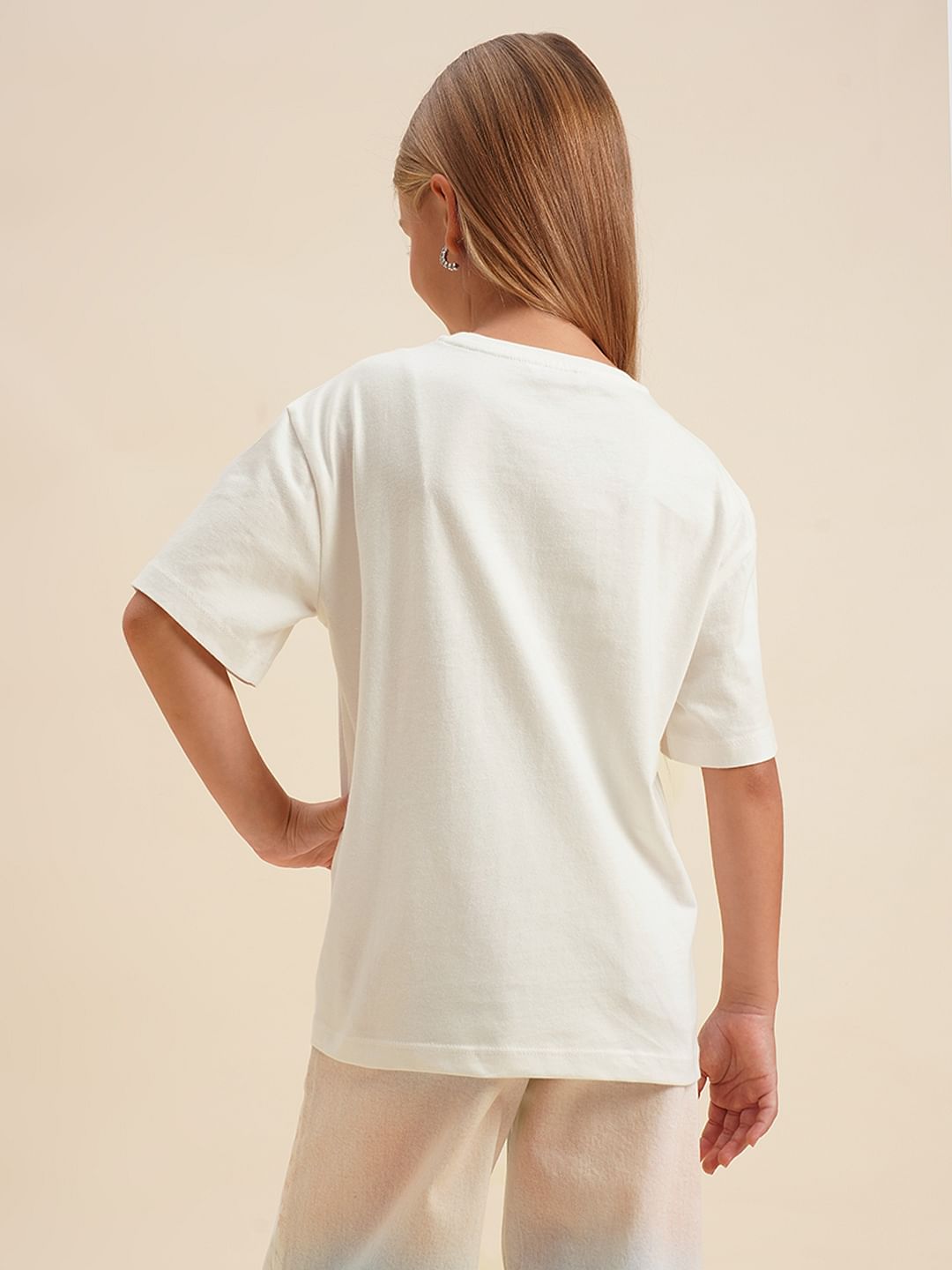 Girls White Floral Cotton T-Shirt