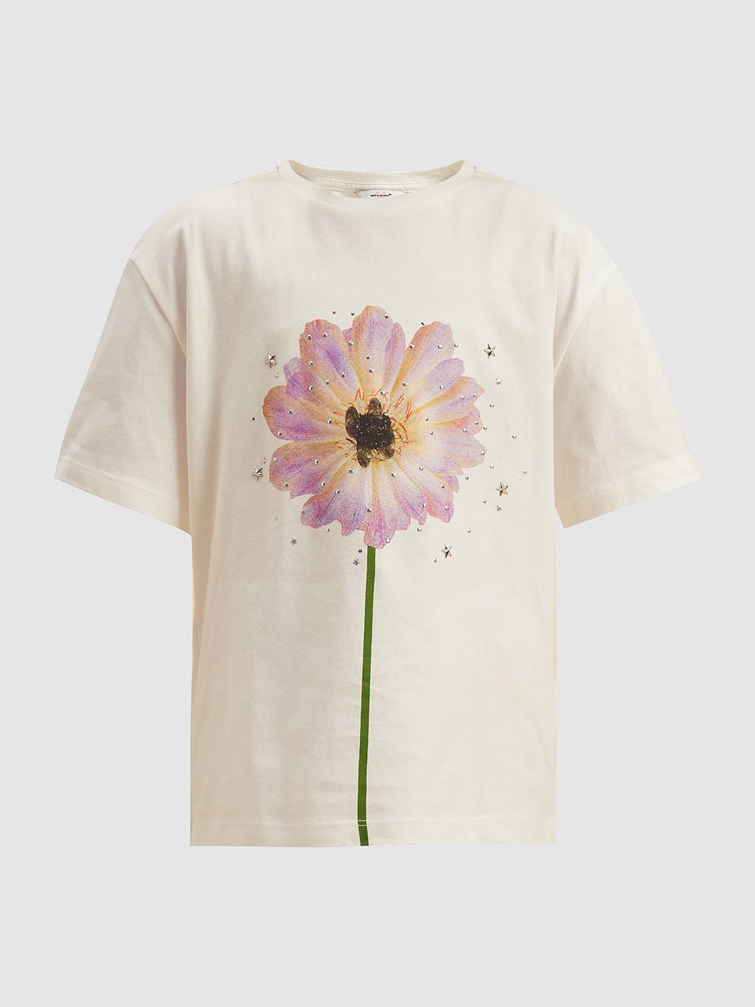 Girls White Floral Cotton T-Shirt