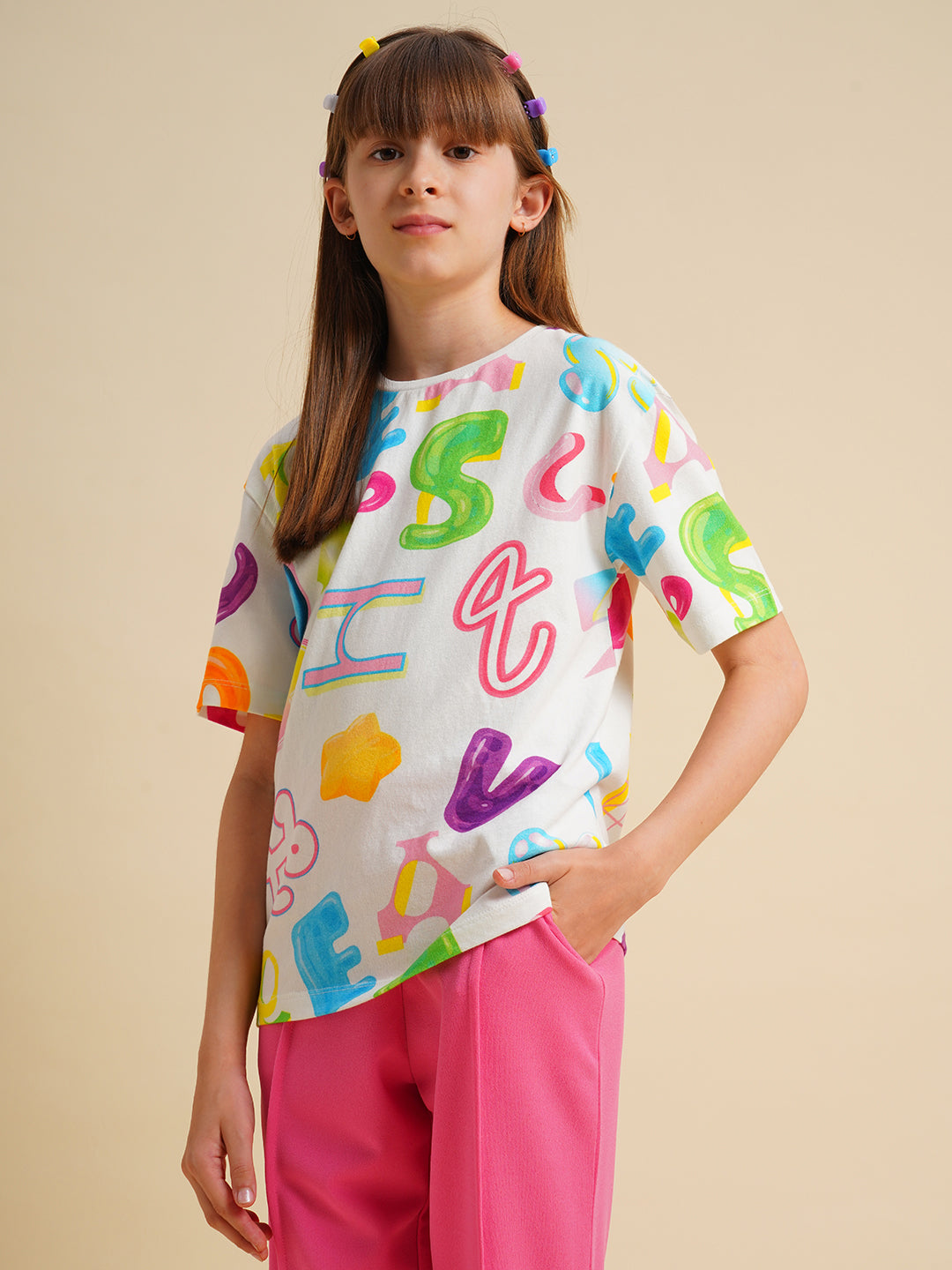 Girls White Printed Cotton T-shirt