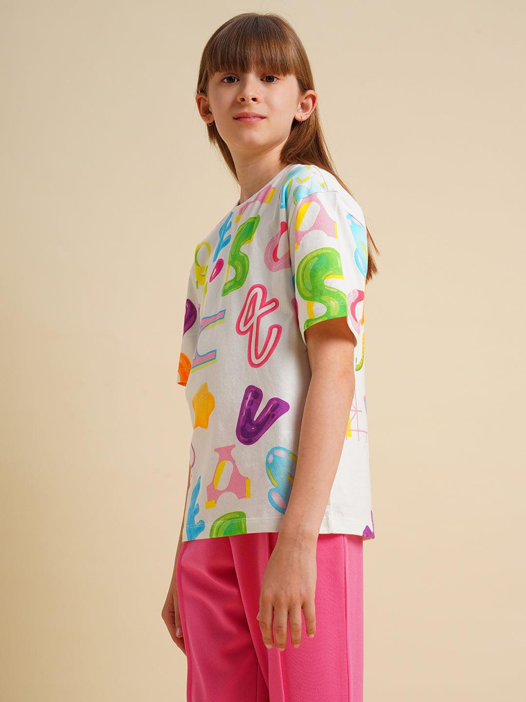 Girls White Printed Cotton T-shirt