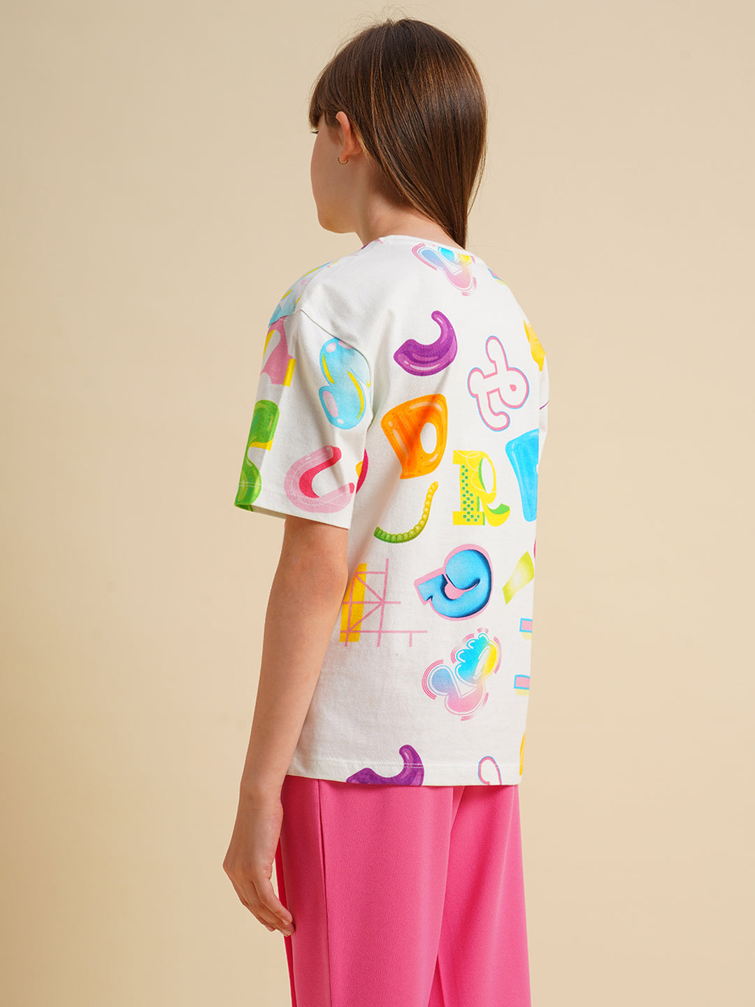 Girls White Printed Cotton T-shirt