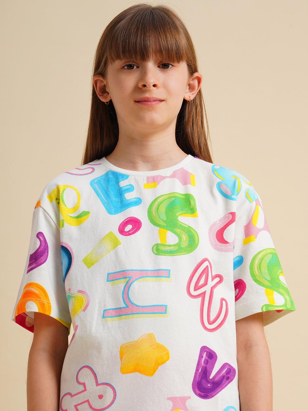 Girls White Printed Cotton T-shirt