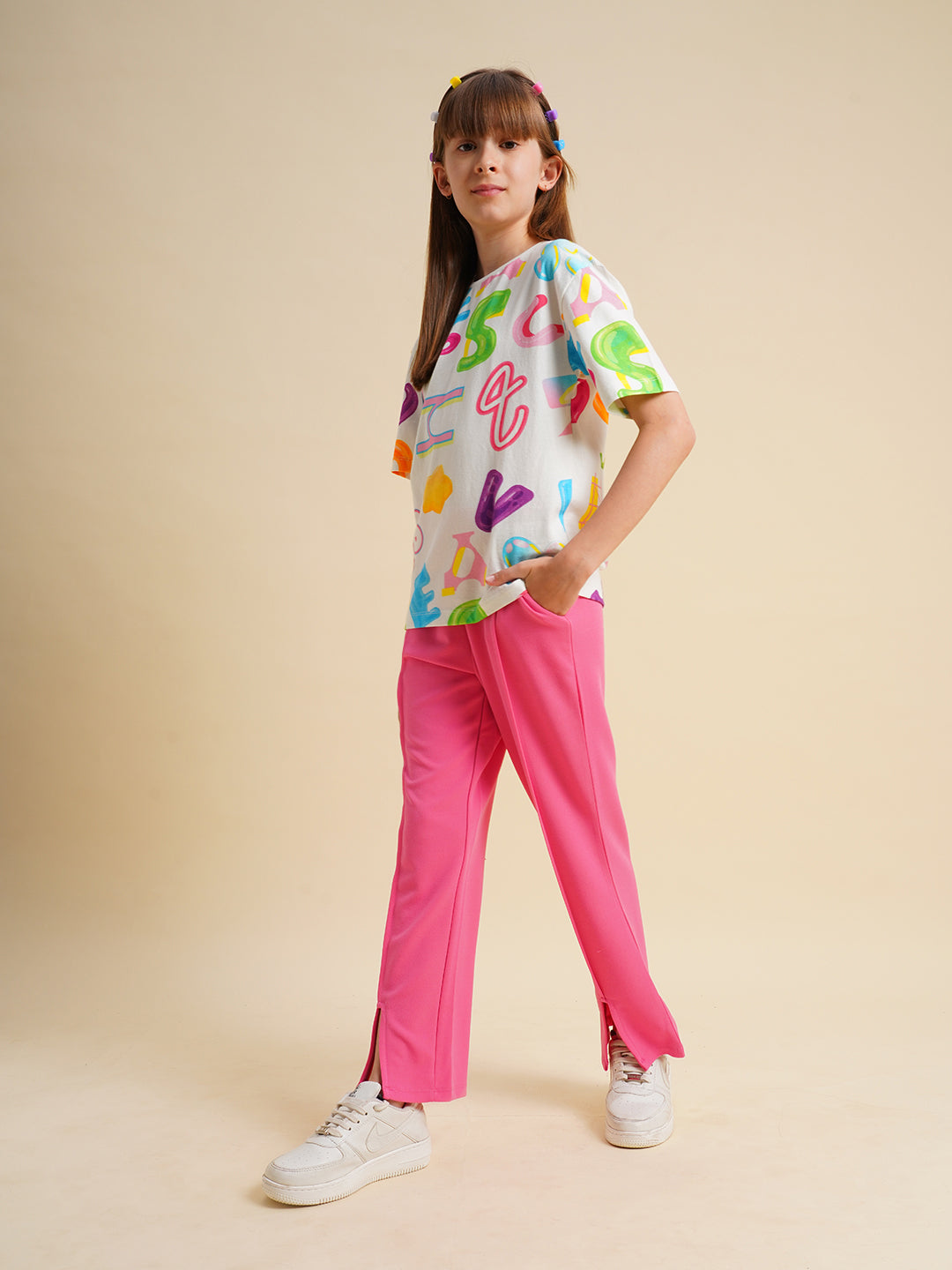 Girls White Printed Cotton T-shirt