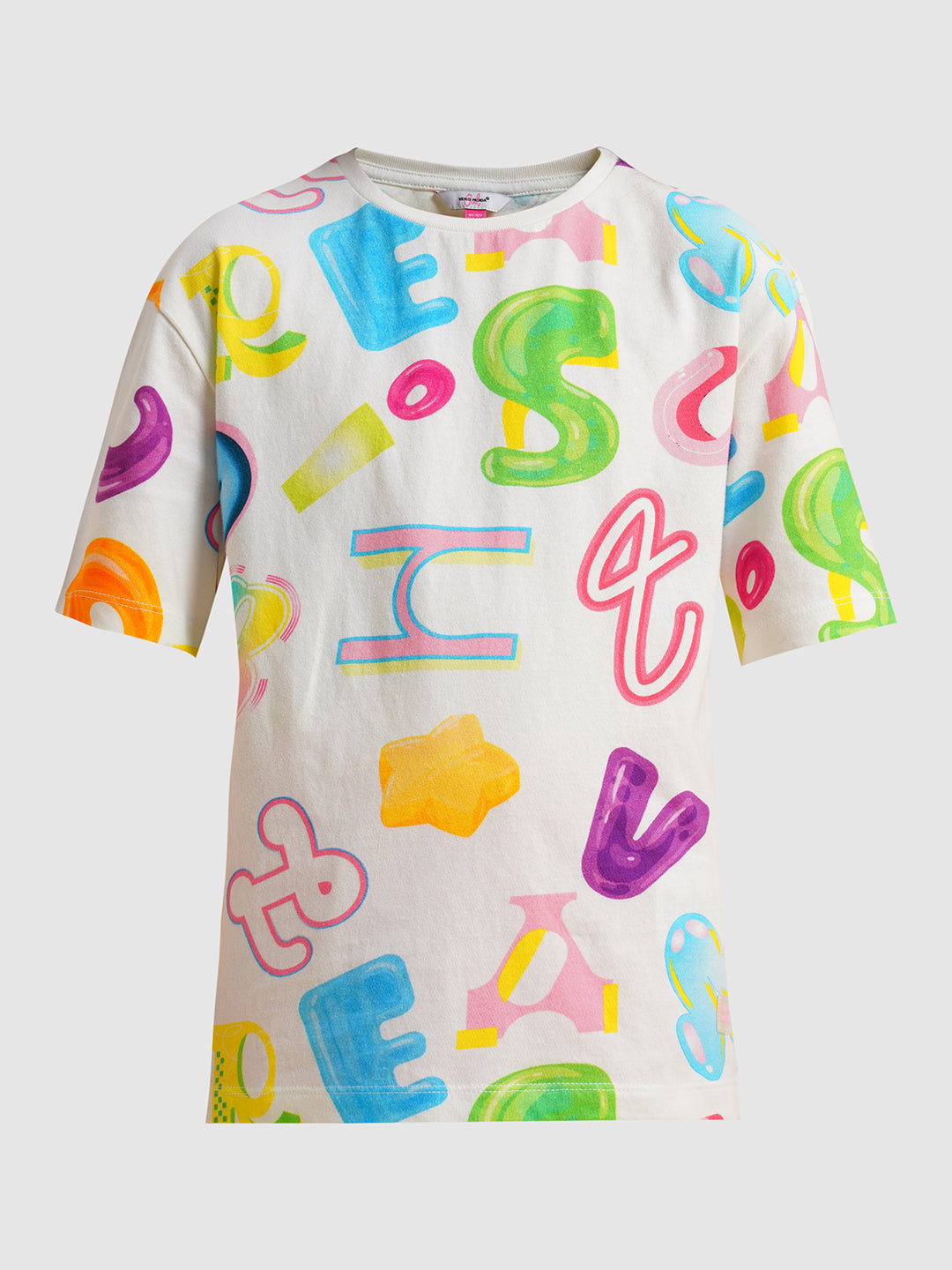 Girls White Printed Cotton T-shirt