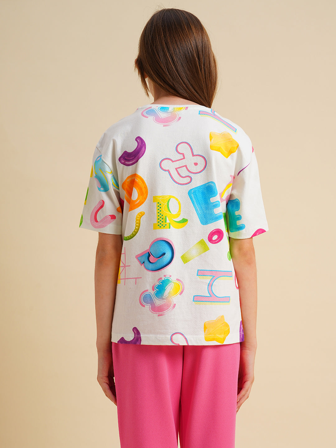 Girls White Printed Cotton T-shirt