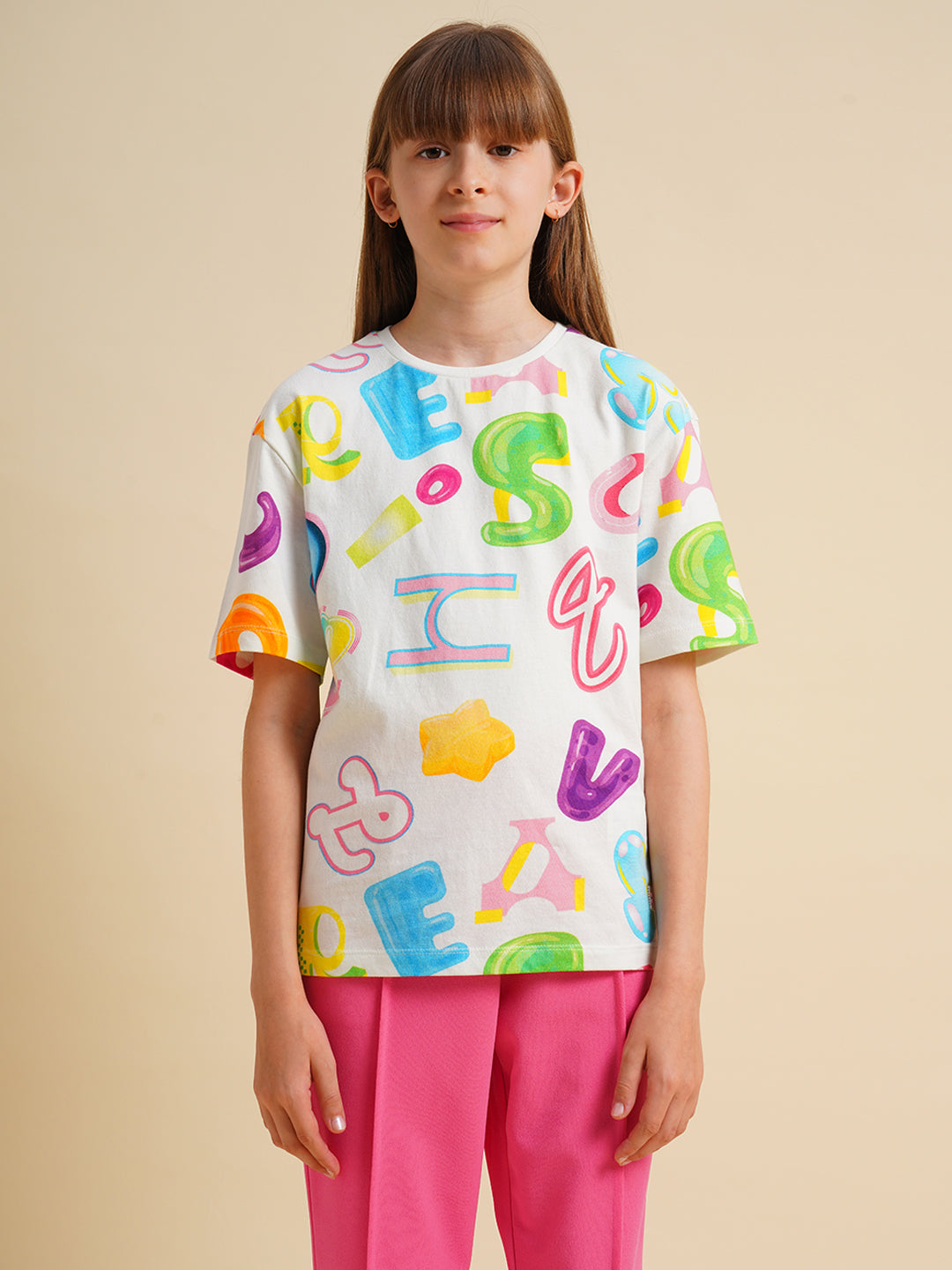 Girls White Printed Cotton T-shirt