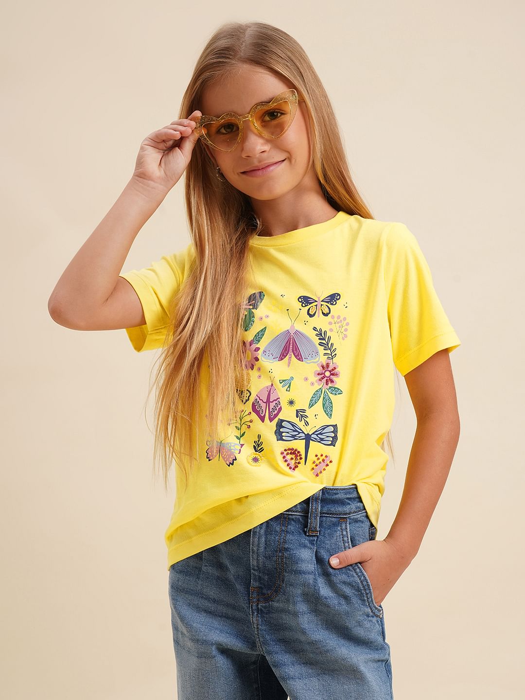 Girls Yellow Butterfly Print Cotton T-Shirt