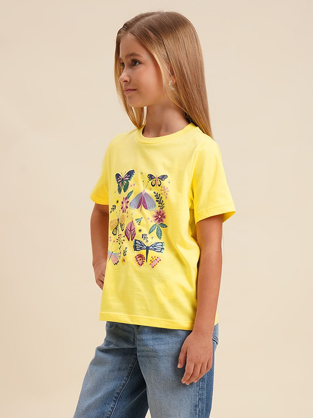 Girls Yellow Butterfly Print Cotton T-Shirt
