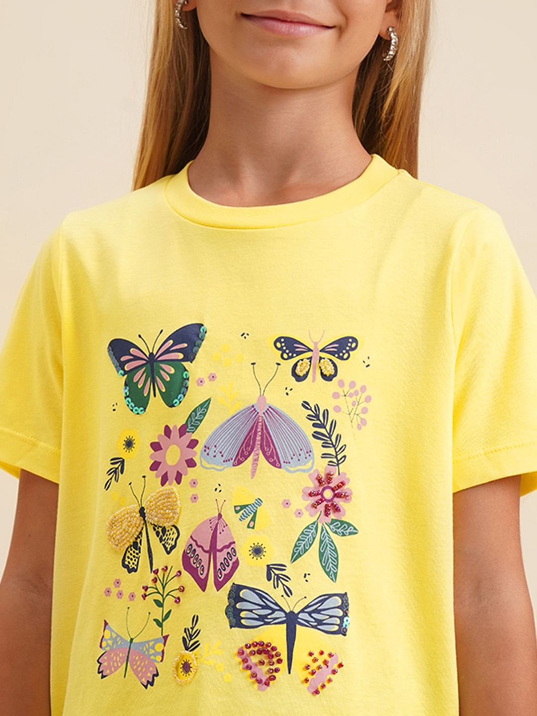 Girls Yellow Butterfly Print Cotton T-Shirt