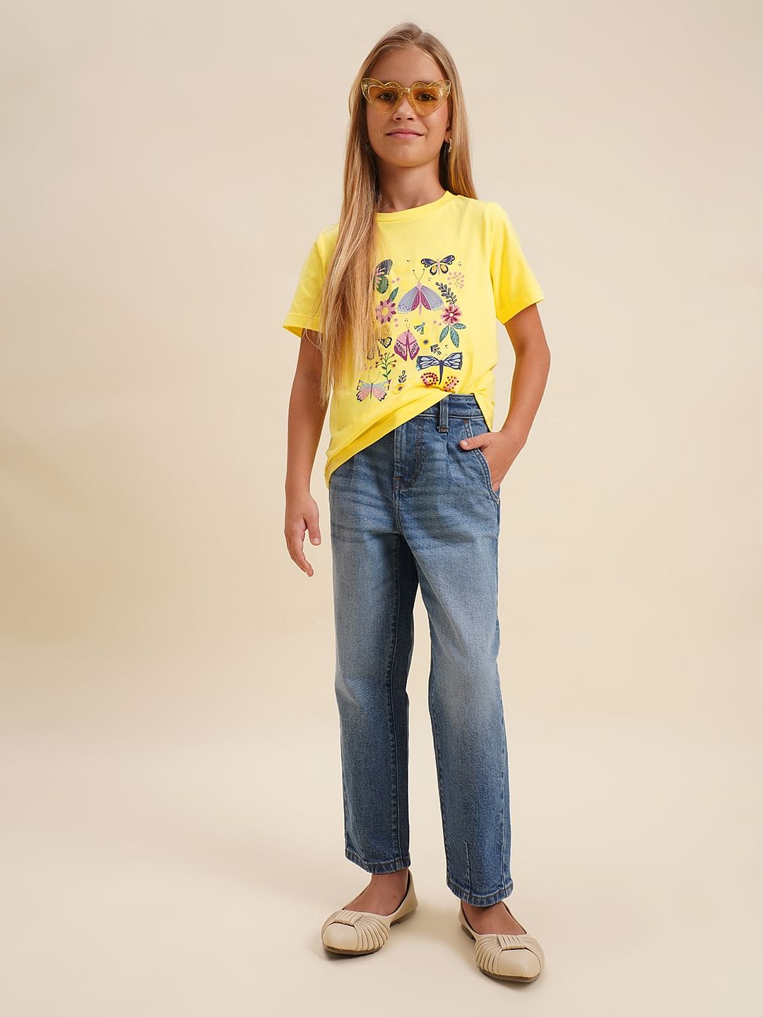 Girls Yellow Butterfly Print Cotton T-Shirt