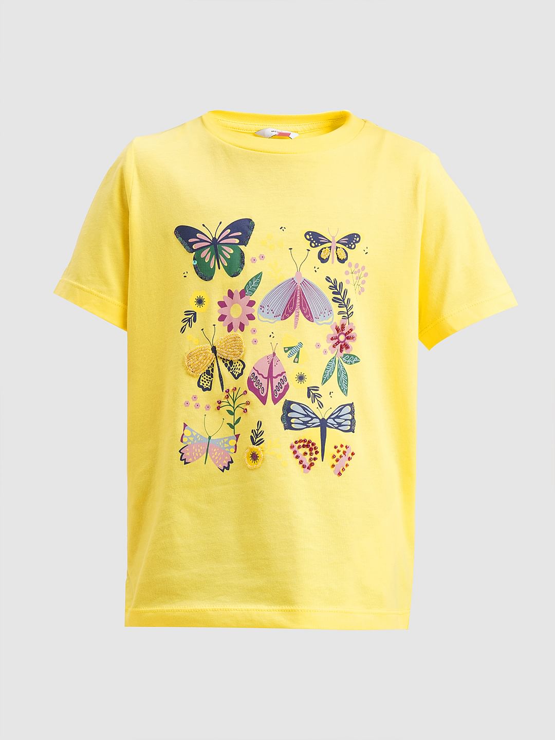 Girls Yellow Butterfly Print Cotton T-Shirt