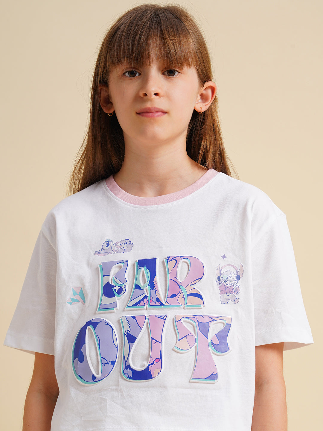 Girls White Stitch Graphic Print T-Shirt