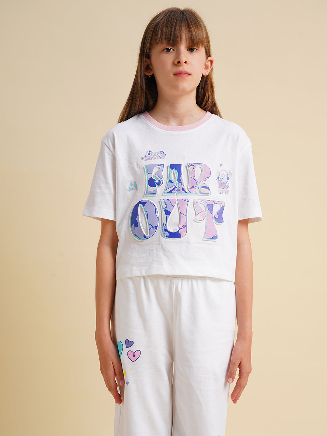 Girls White Stitch Graphic Print T-Shirt