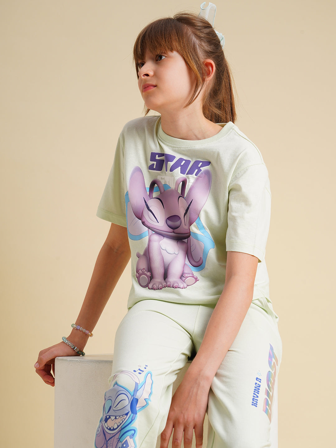 Girls Blue Stitch Graphic Print T-shirt