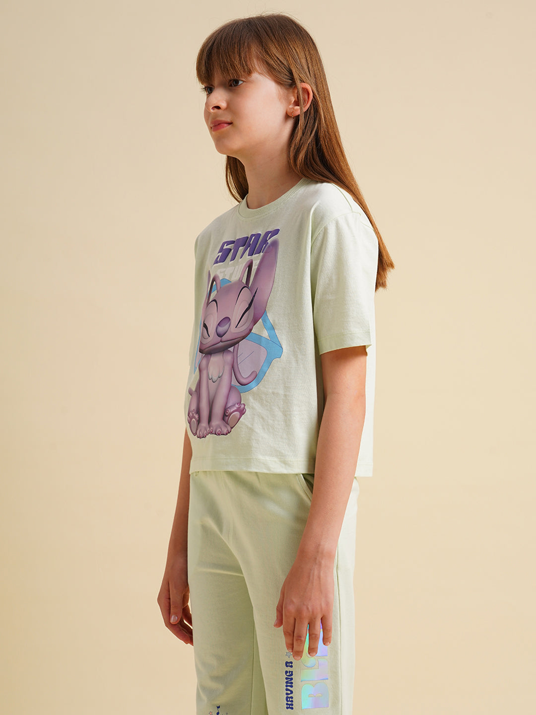 Girls Blue Stitch Graphic Print T-shirt