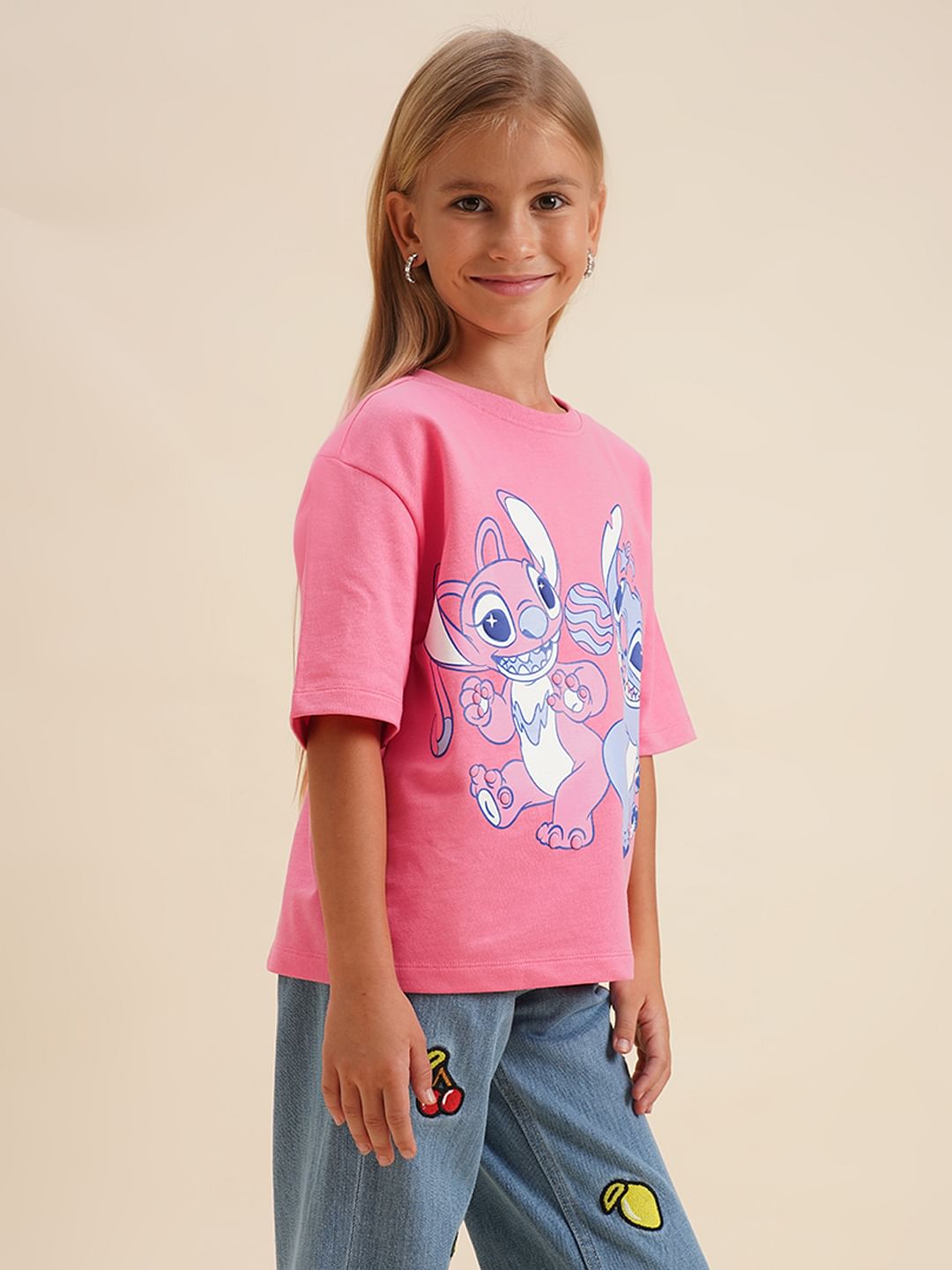 Girls Pink Stitch Graphic Print Oversized T-Shirt
