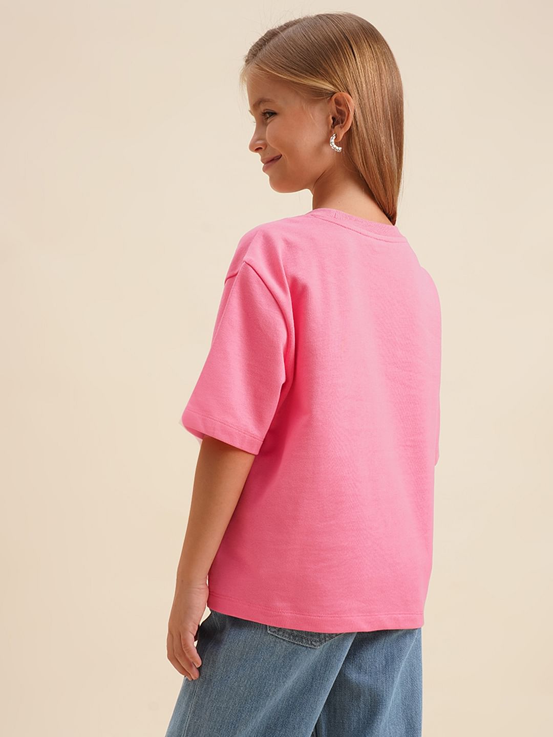 Girls Pink Stitch Graphic Print Oversized T-Shirt