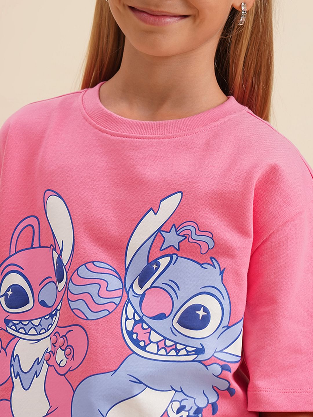 Girls Pink Stitch Graphic Print Oversized T-Shirt
