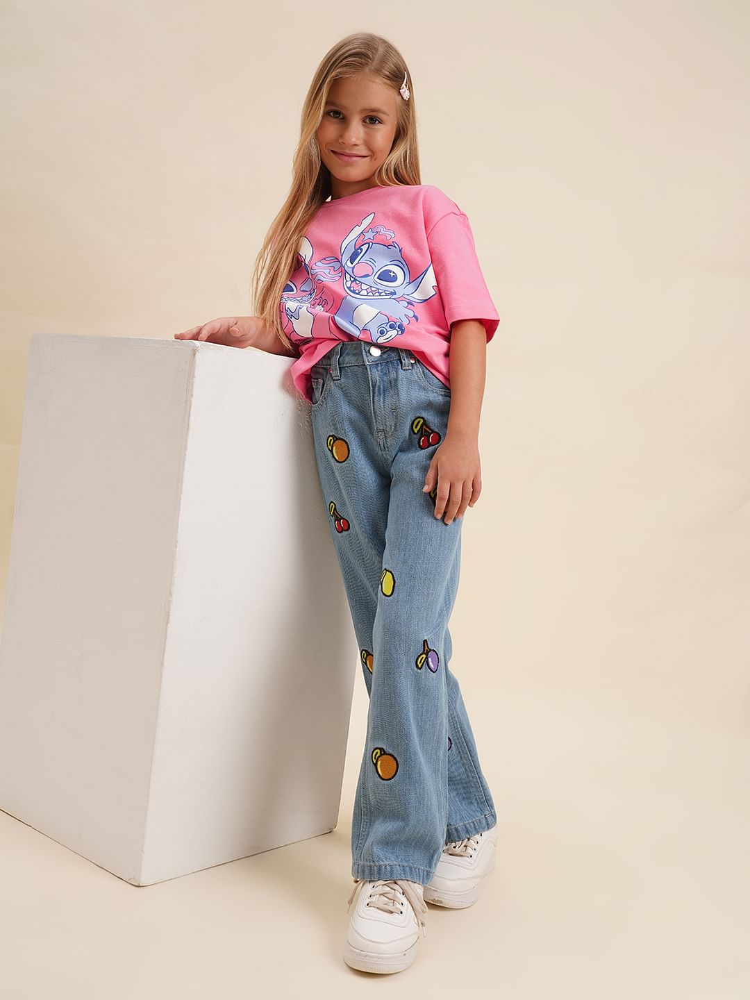 Girls Pink Stitch Graphic Print Oversized T-Shirt