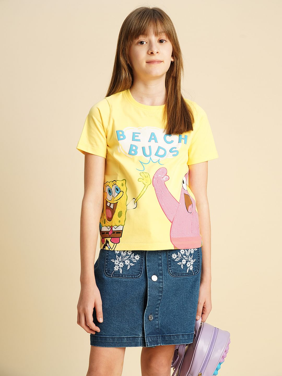 Girls Yellow Spongebob & Patrick Applique T-Shirt