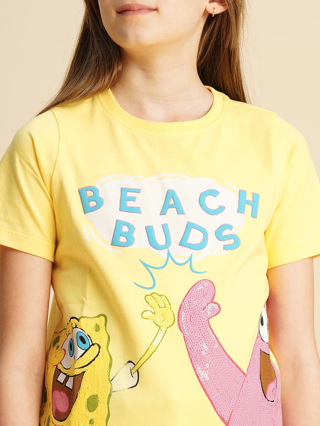 Girls Yellow Spongebob & Patrick Applique T-Shirt