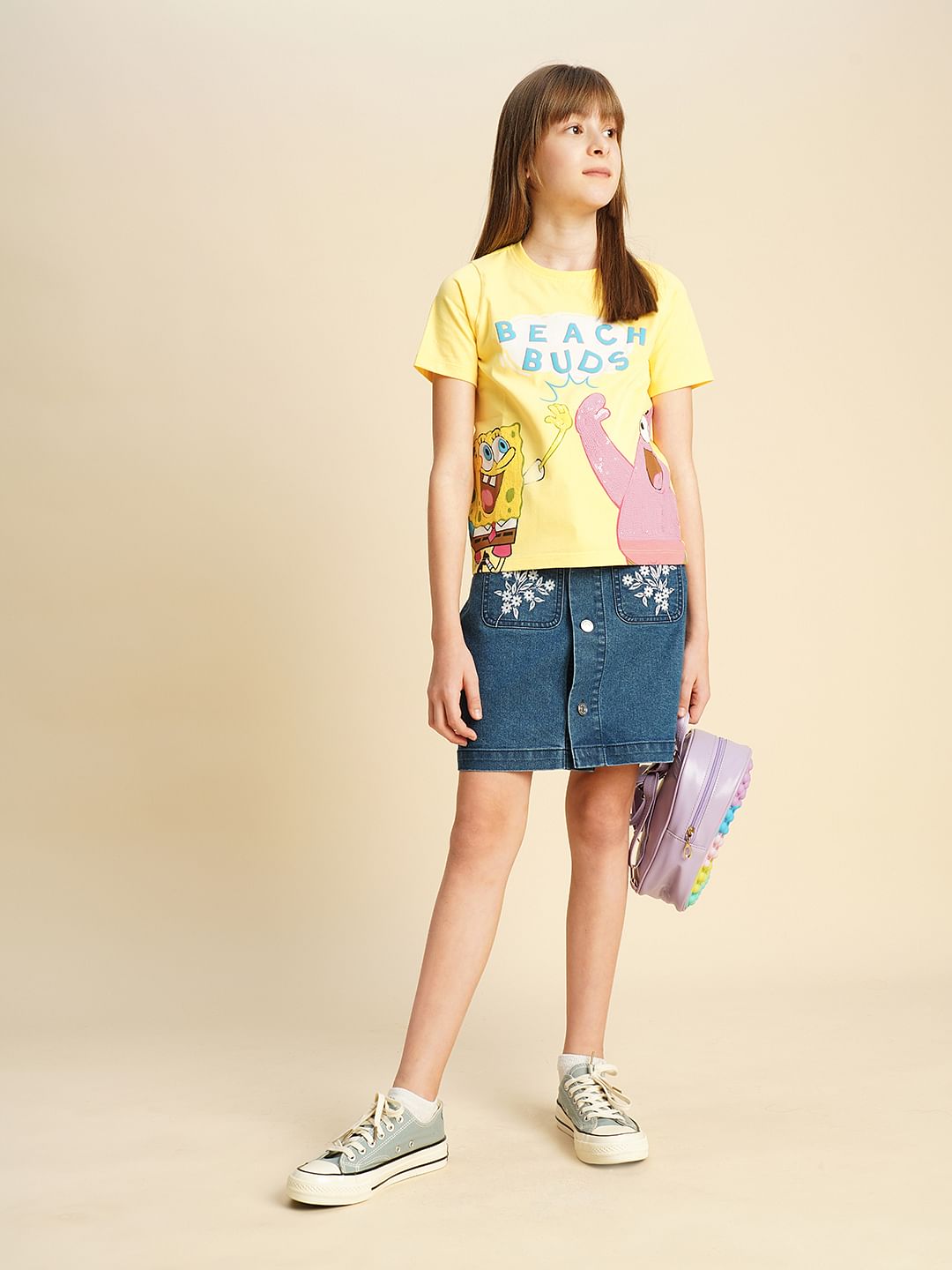 Girls Yellow Spongebob & Patrick Applique T-Shirt