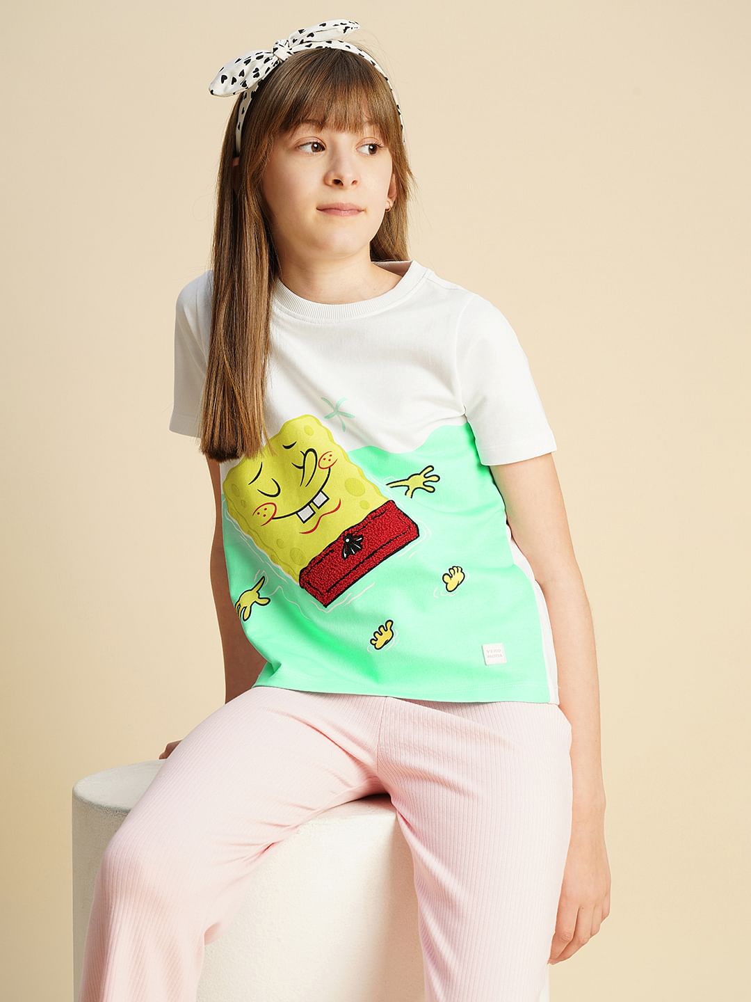 Girls White Spongebob Printed T-Shirt