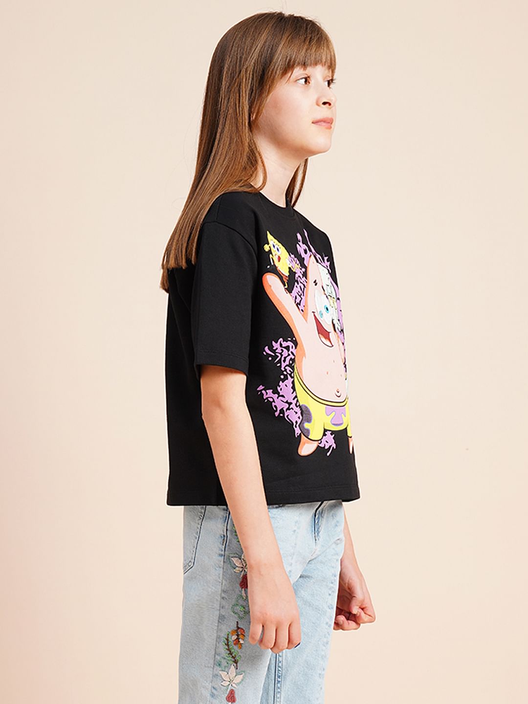 Girls Black Spongebob Print T-Shirt