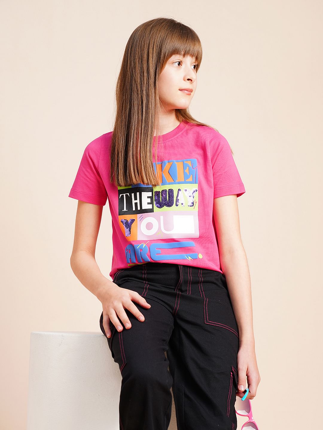 Girls Pink Typographic Print Cotton T-Shirt