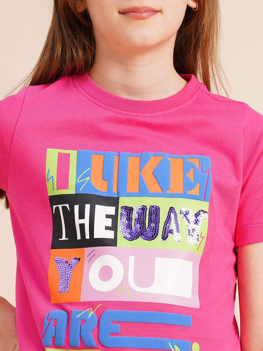 Girls Pink Typographic Print Cotton T-Shirt