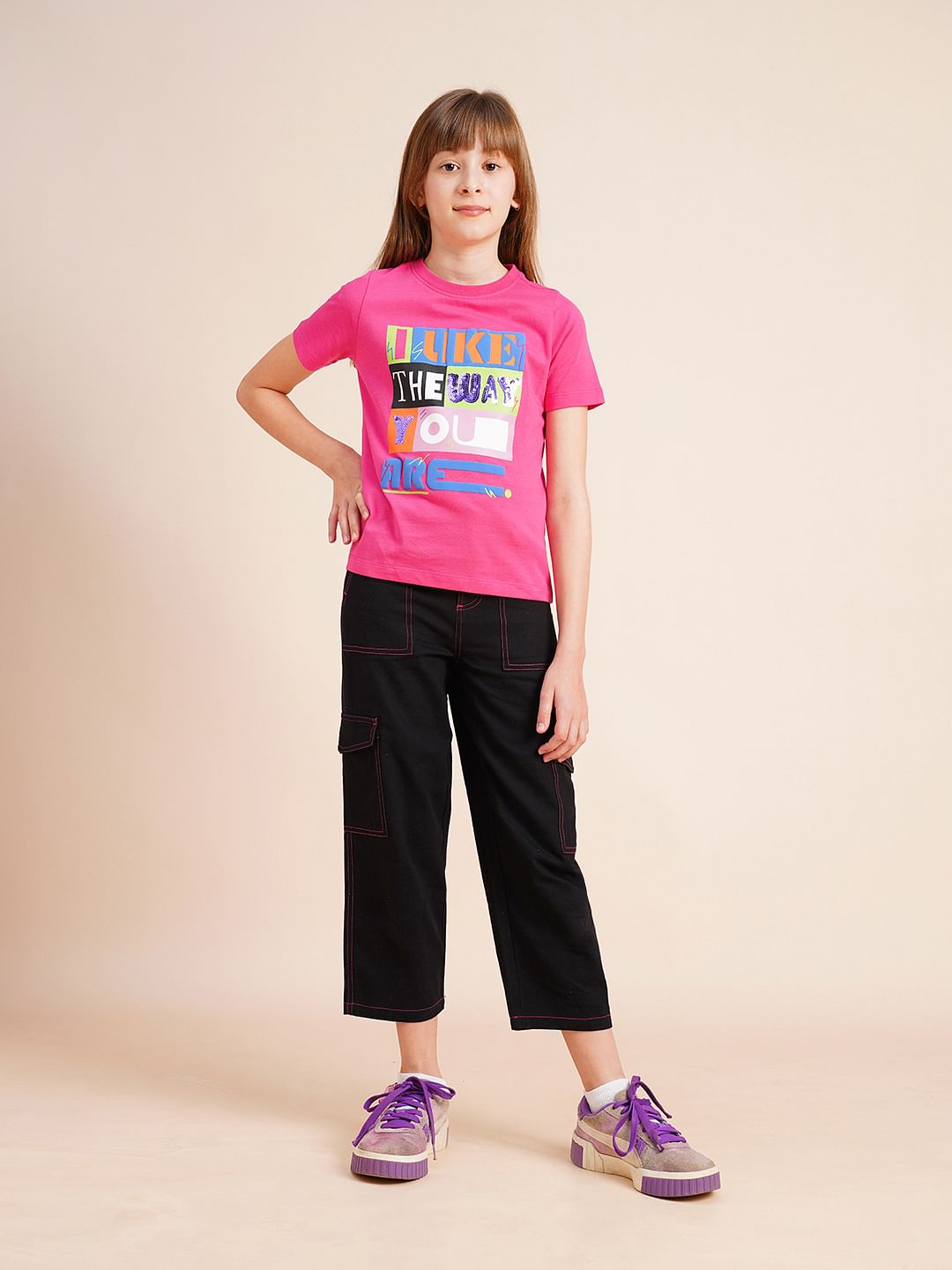 Girls Pink Typographic Print Cotton T-Shirt