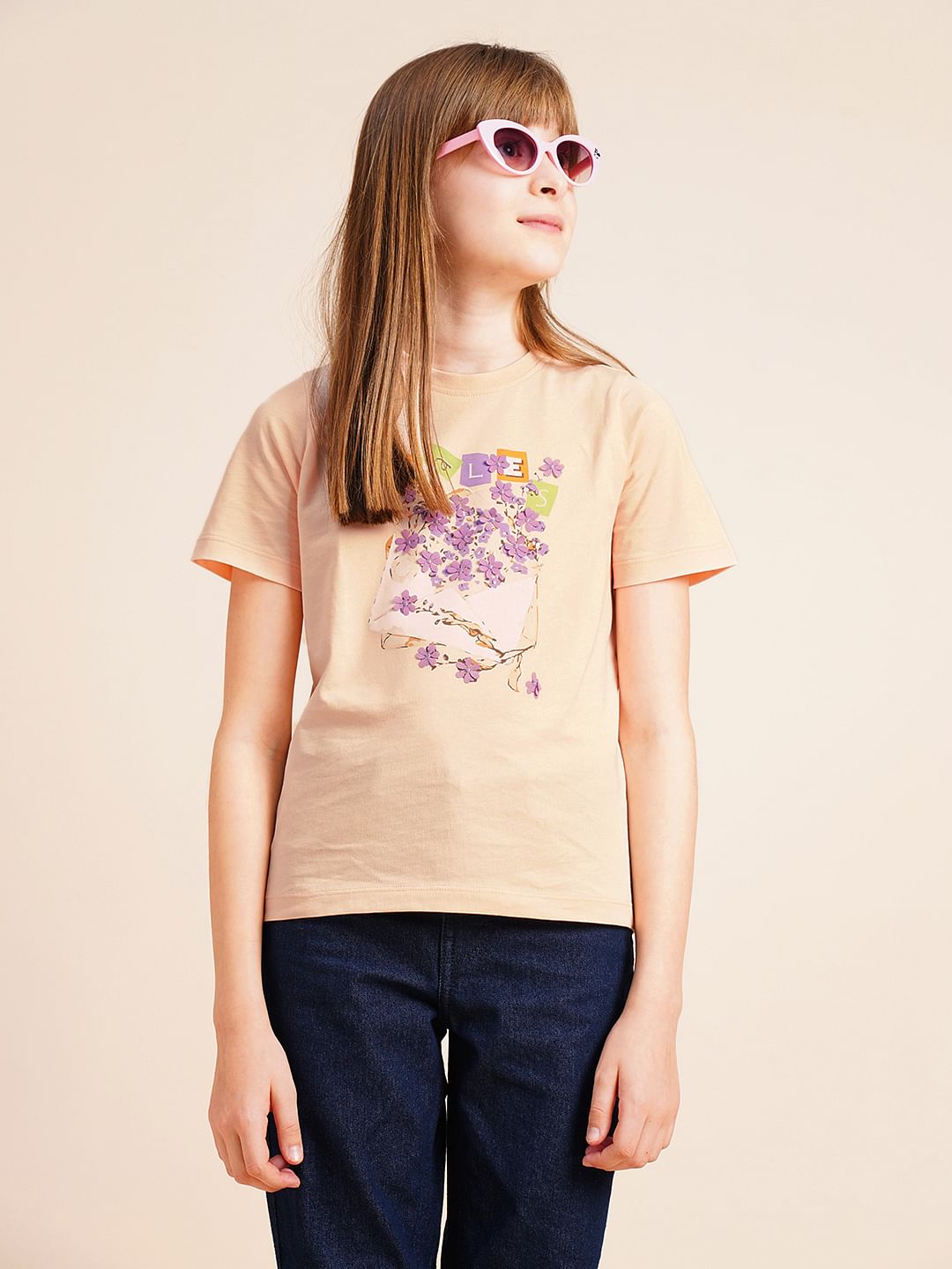 Girls Peach Printed Cotton T-Shirt