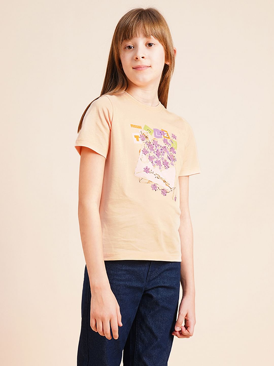 Girls Peach Printed Cotton T-Shirt