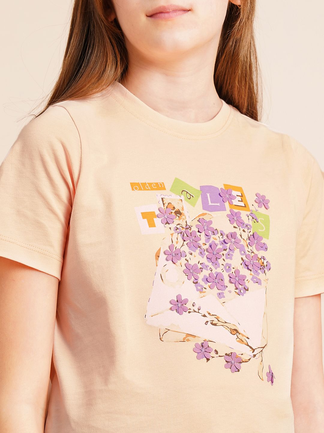 Girls Peach Printed Cotton T-Shirt