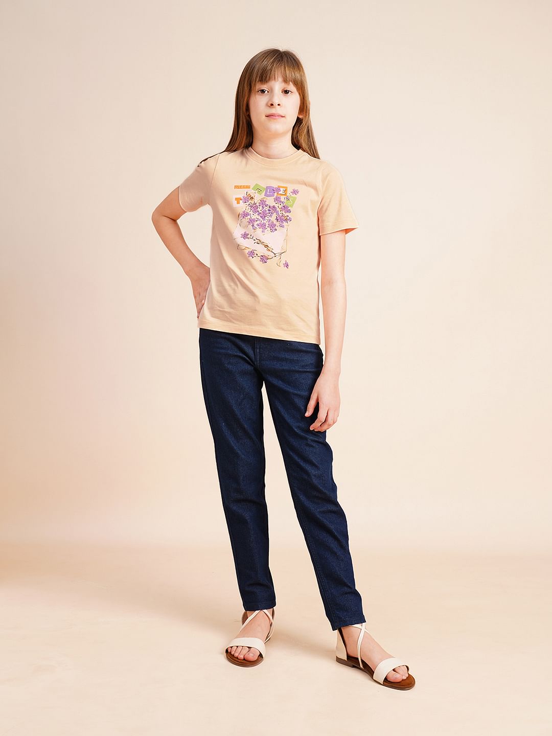 Girls Peach Printed Cotton T-Shirt