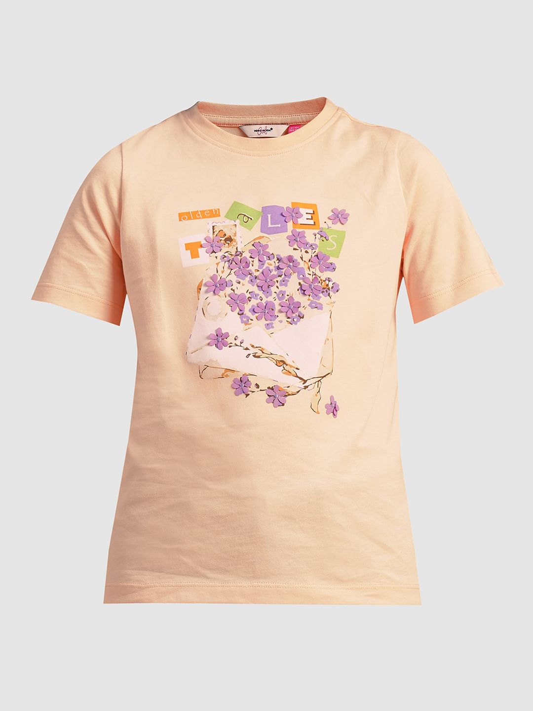 Girls Peach Printed Cotton T-Shirt