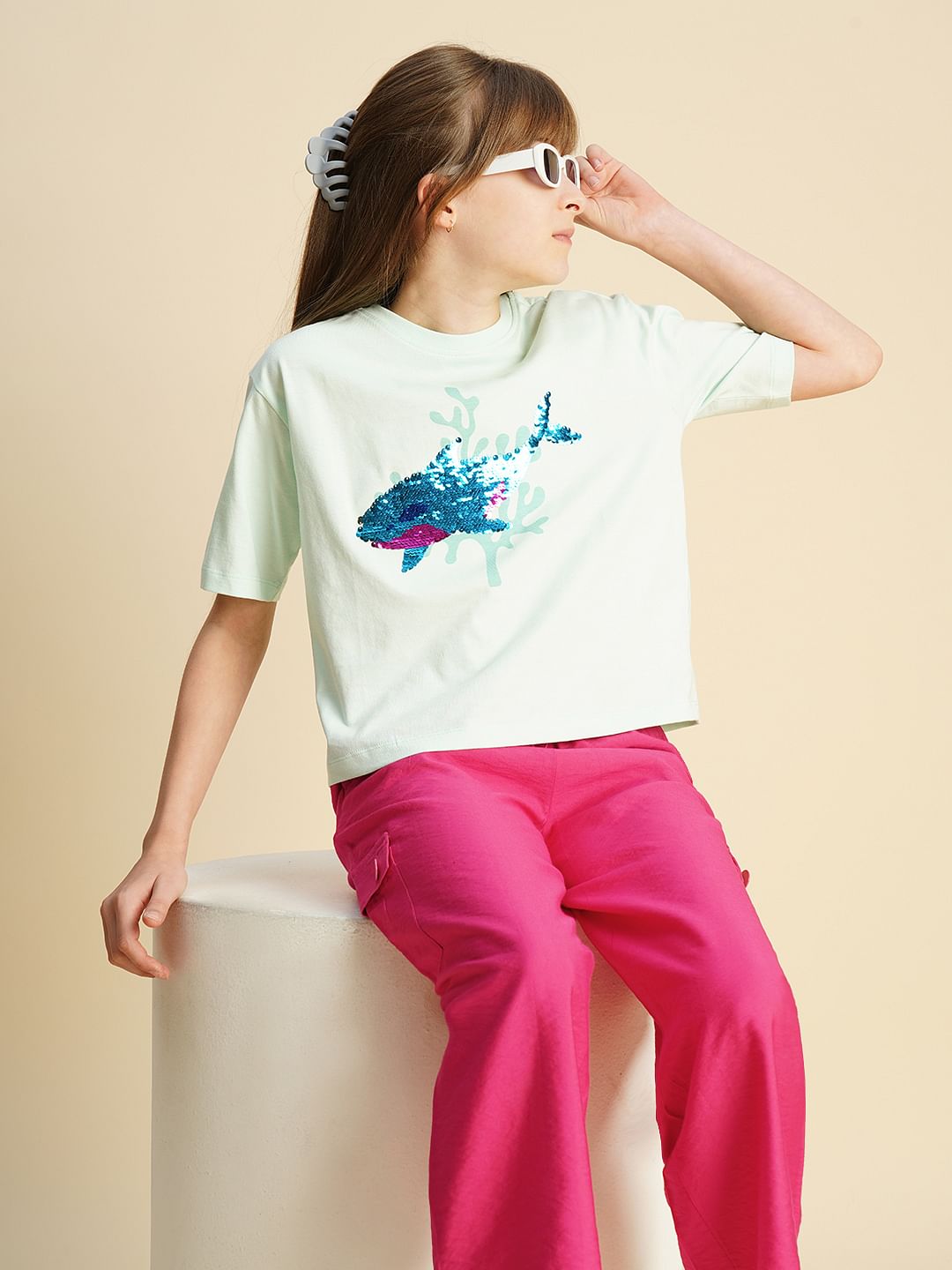 Girls Blue Sequin Whale Print T-Shirt