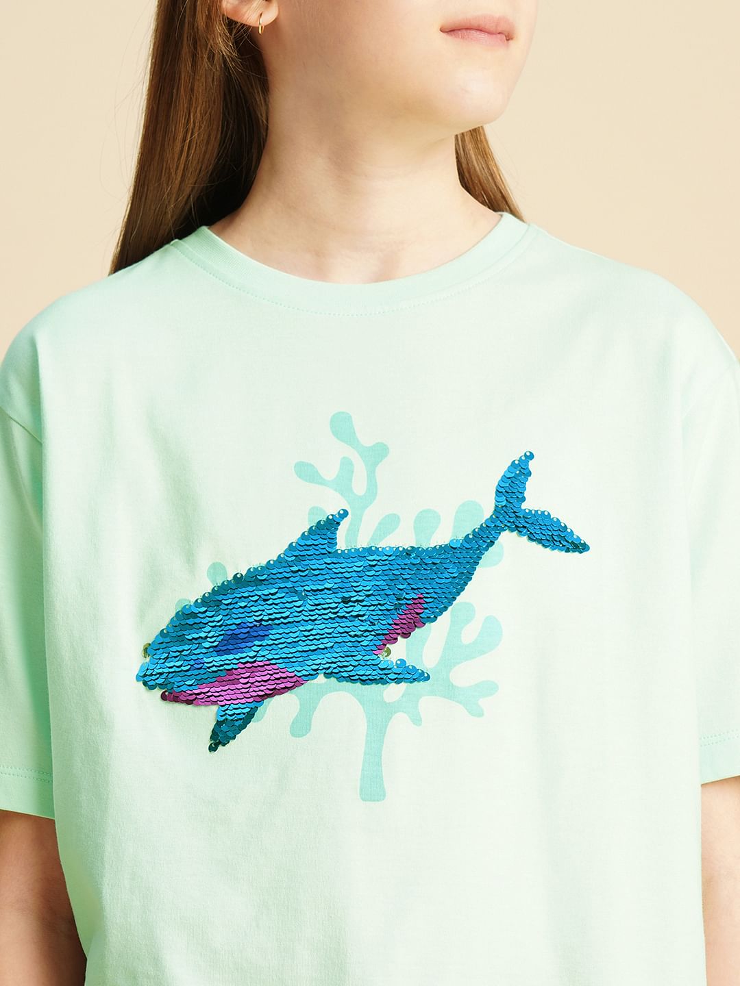 Girls Blue Sequin Whale Print T-Shirt