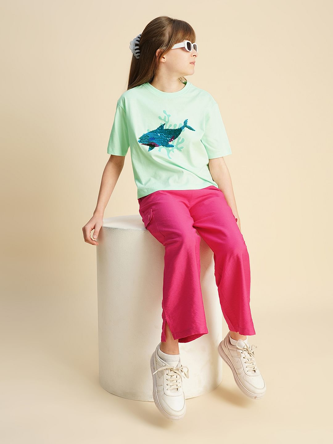 Girls Blue Sequin Whale Print T-Shirt