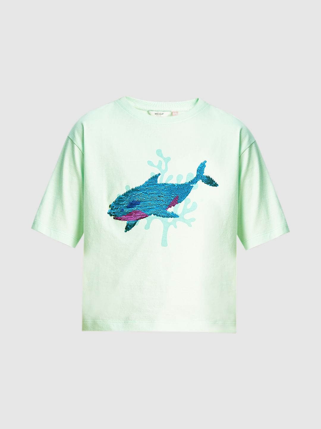 Girls Blue Sequin Whale Print T-Shirt