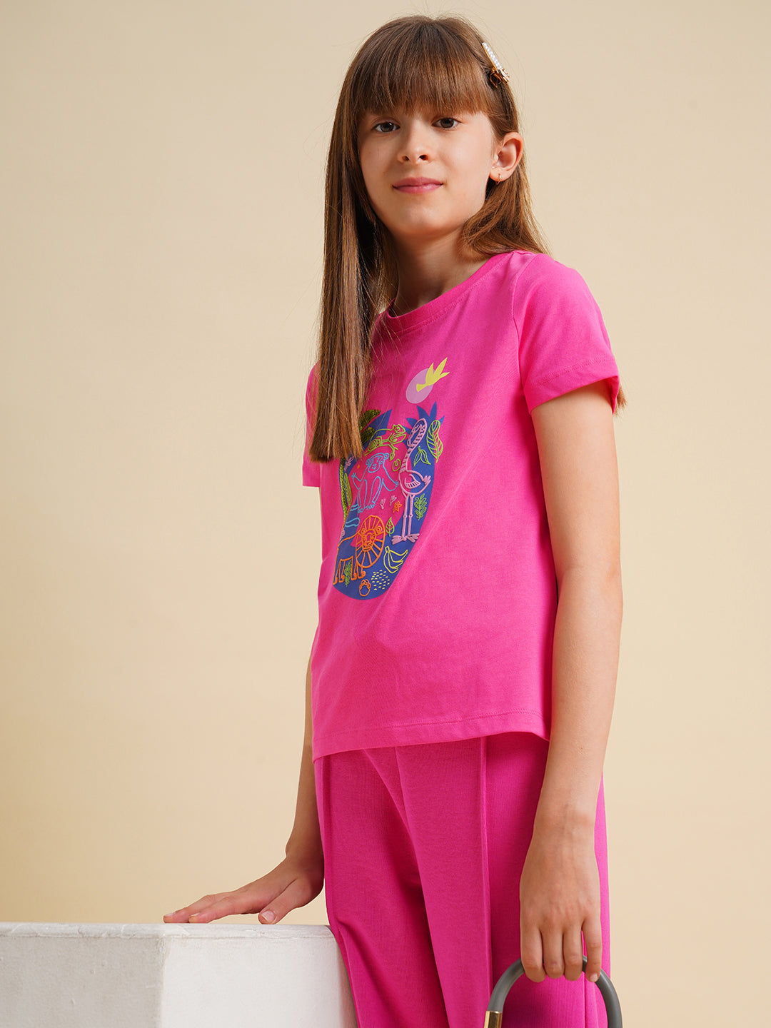 Girls Hot Pink Cotton Boxy Fit T-shirt
