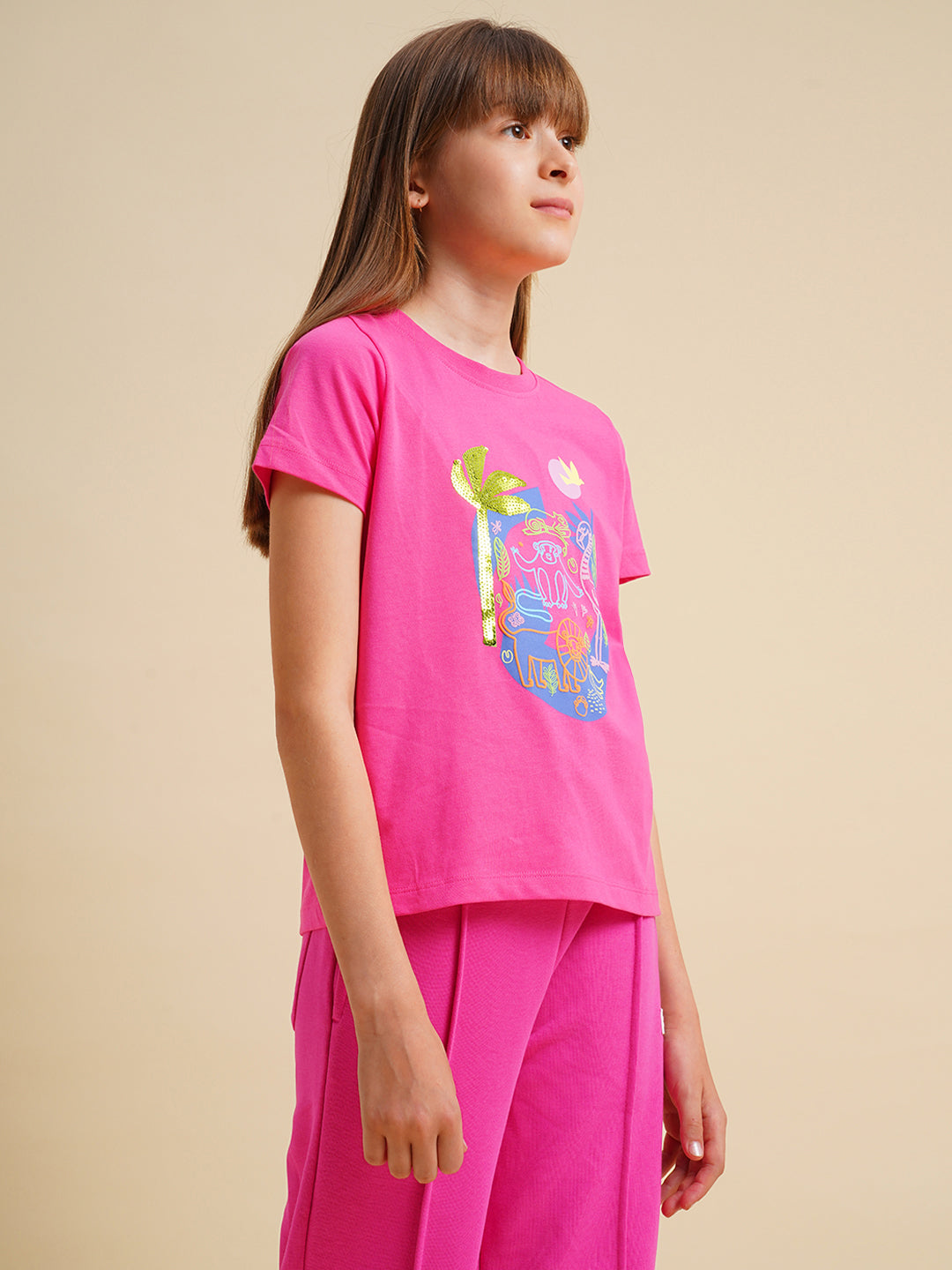 Girls Hot Pink Cotton Boxy Fit T-shirt
