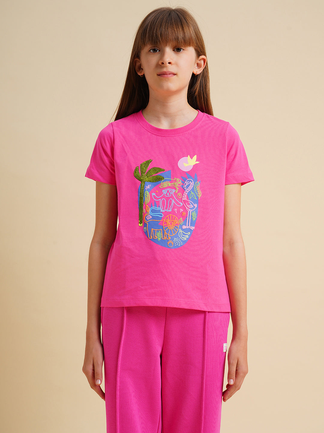 Girls Hot Pink Cotton Boxy Fit T-shirt