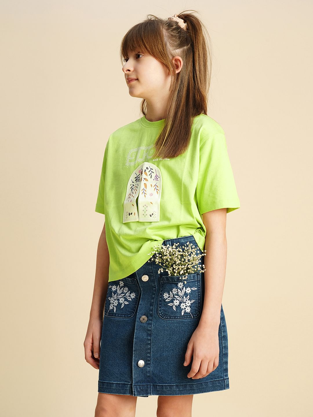 Girls Green Cut-Out Window Graphic T-Shirt