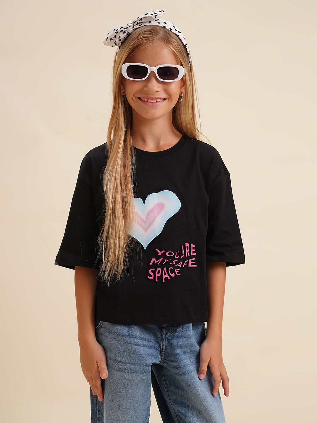 Girls Black Printed Cotton Oversized T-Shirt